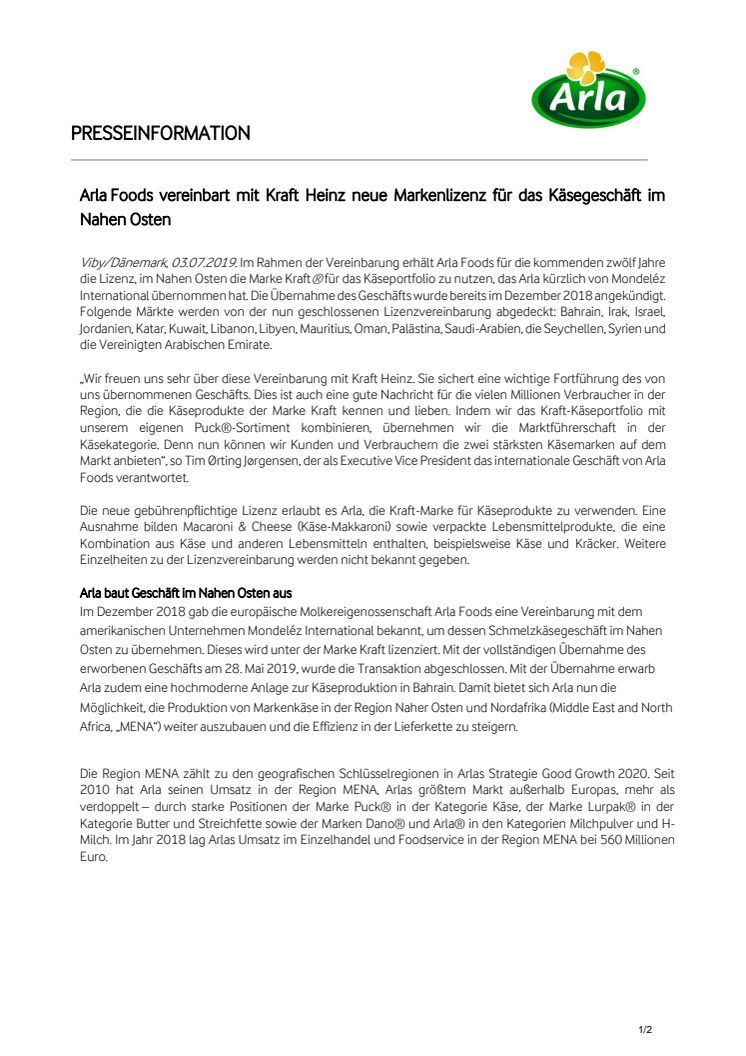 Arla Foods vereinbart mit Kraft Heinz neue Markenlizenz für das Käsegeschäft im Nahen Osten