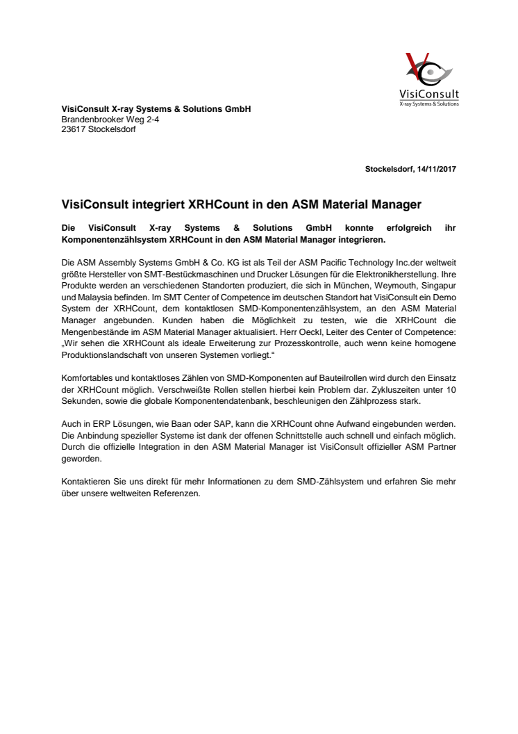 VisiConsult integriert XRHCount in den ASM Material Manager 