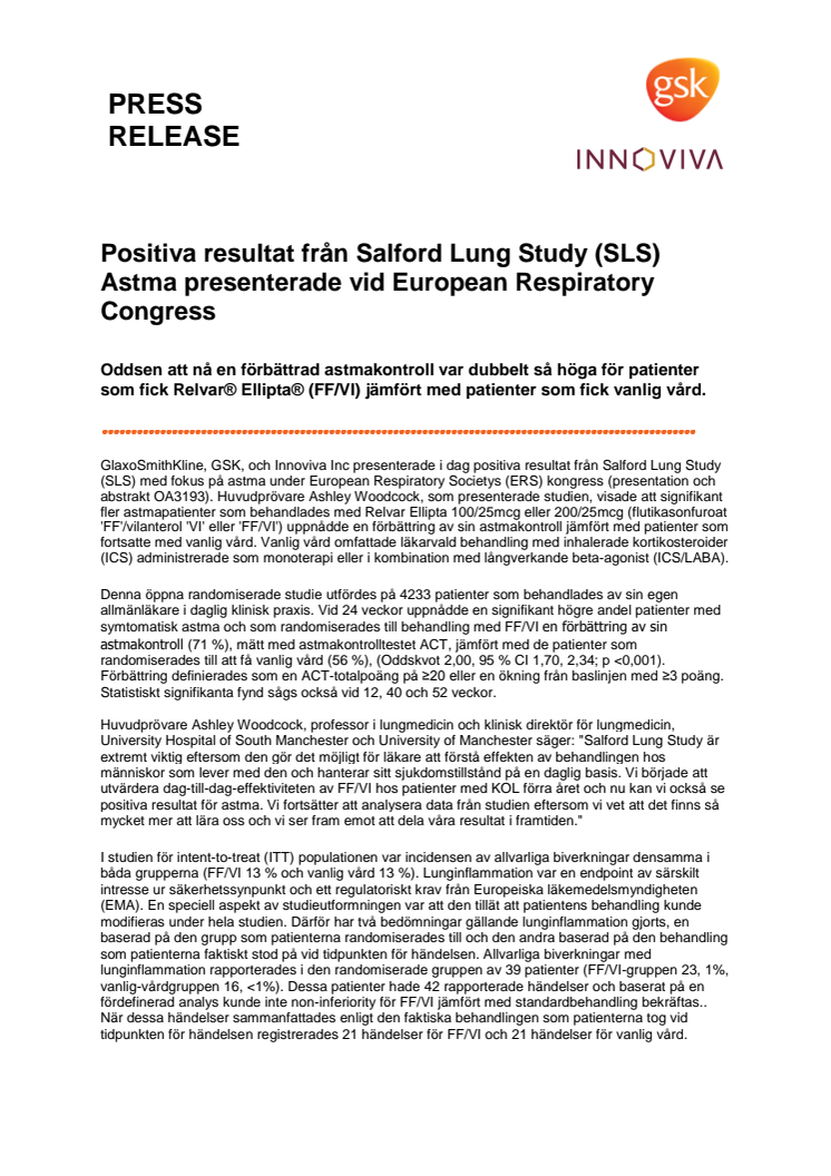 Positiva resultat från Salford Lung Study (SLS) Astma presenterade vid European Respiratory Congress