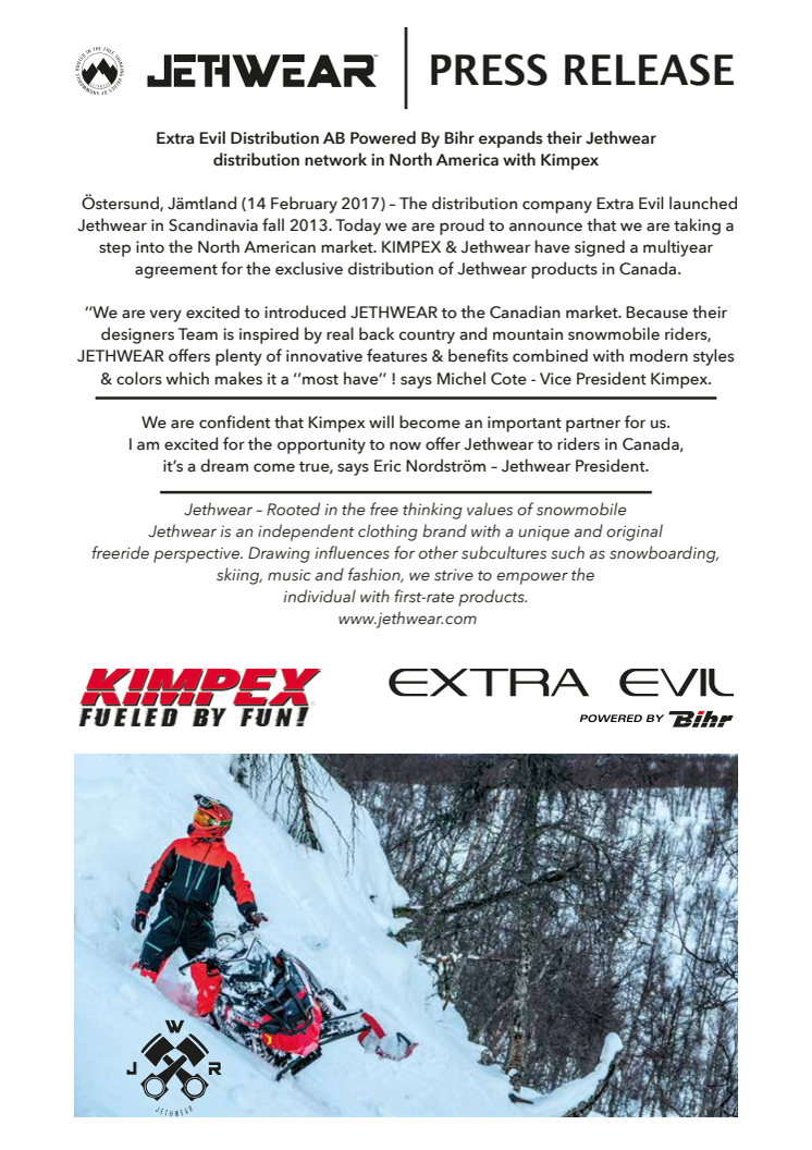 Extra Evil Distribution AB expands their Jethwear distribution network in North America with Kimpex