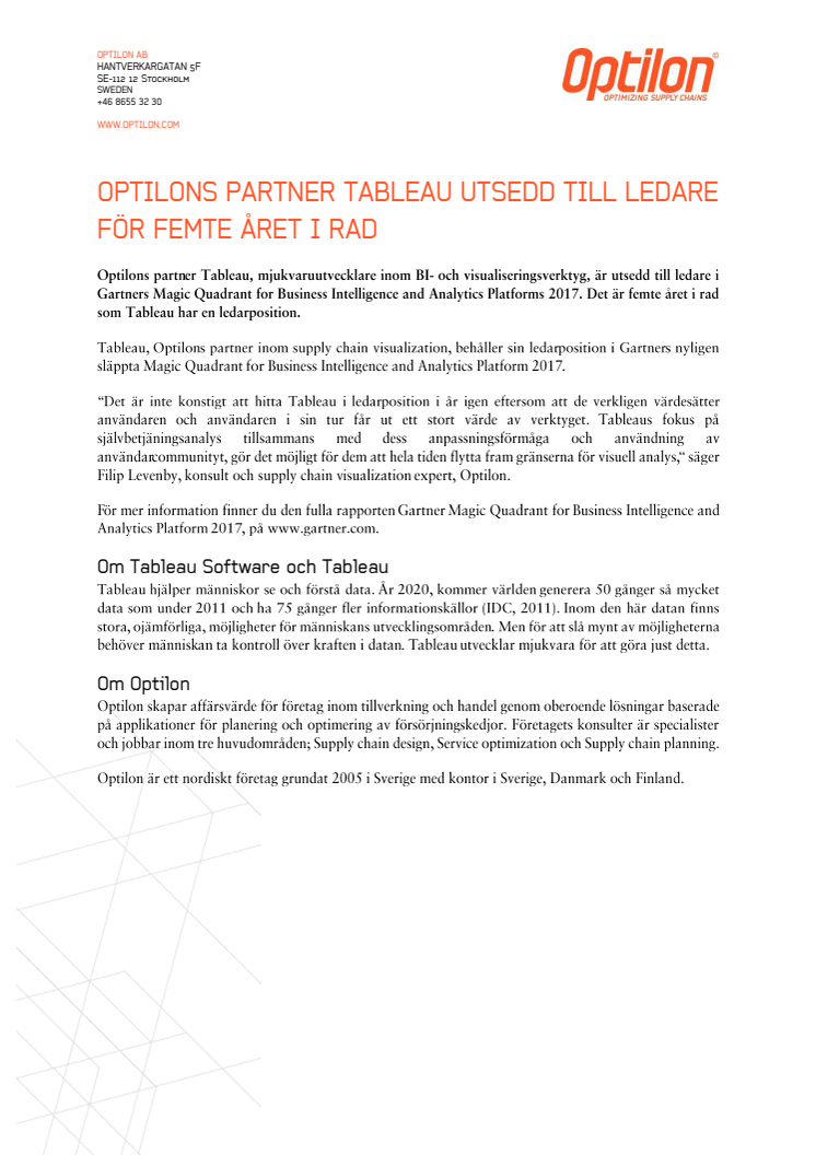Optilons partner Tableau utsedd till ledare för femte året i rad