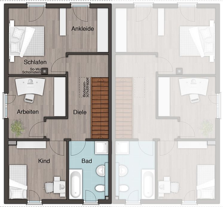 Grundriss Obergeschoss Doppelhaus Aura 125