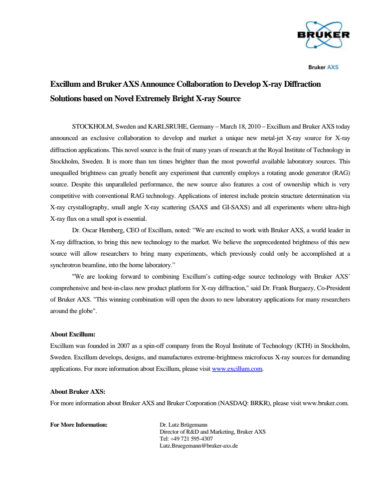 Excillum and Bruker AXS Announce Collaboration to Develop X-ray Diffraction Solutions based on Novel Extremely Bright X-ray Source