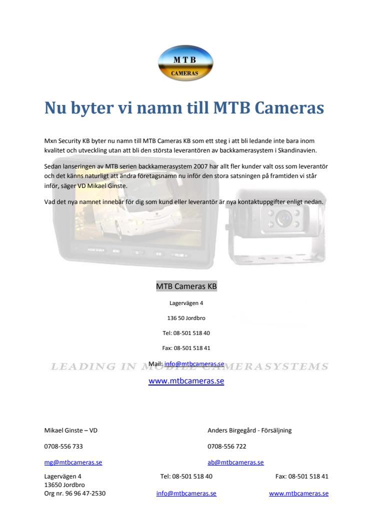 Mxn Security KB byter nu namn till MTB Cameras KB 