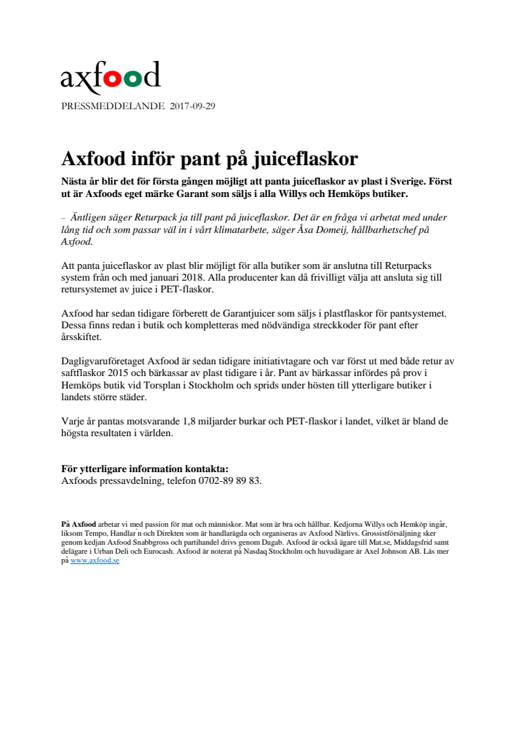 Axfood inför pant på juiceflaskor