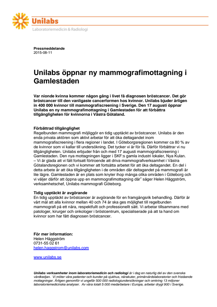 Unilabs öppnar ny mammografimottagning i Gamlestaden