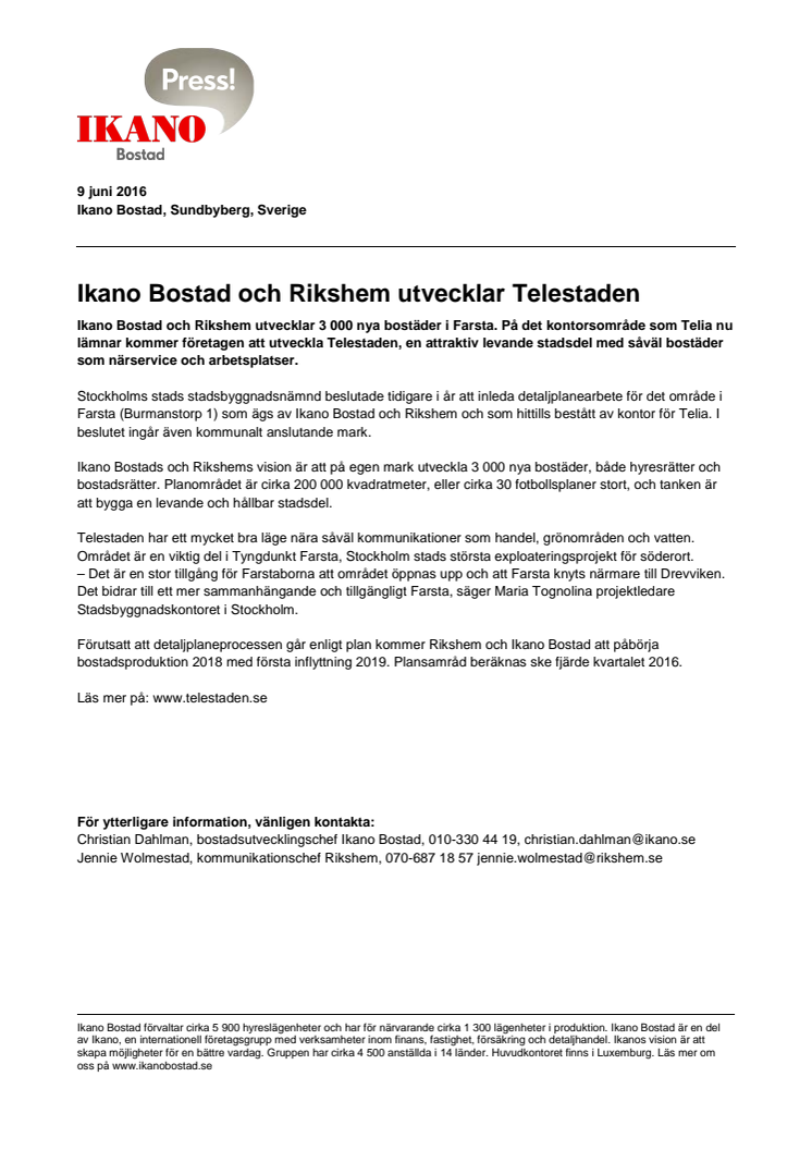 Ikano Bostad och Rikshem utvecklar Telestaden