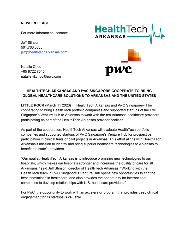 Healthtech Arkansas and PwC Singapore cooperate to bring global healthcare solutions to Arkansas and the United States