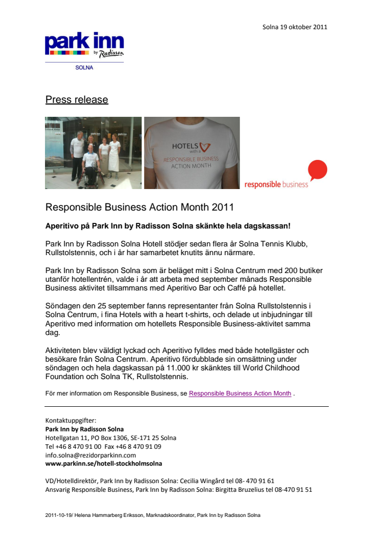 Aperitivo på Park Inn by Radisson Solna skänkte hela dagskassan under Responsible Business Action Month 2011