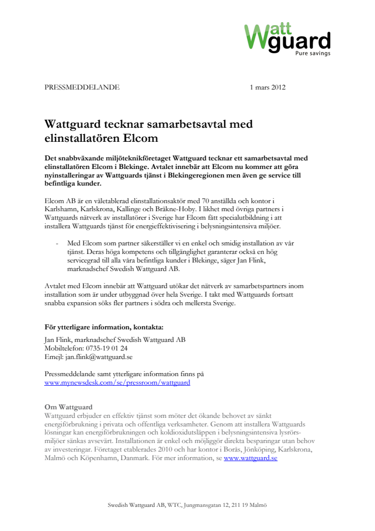 Wattguard tecknar samarbetsavtal med elinstallatören Elcom
