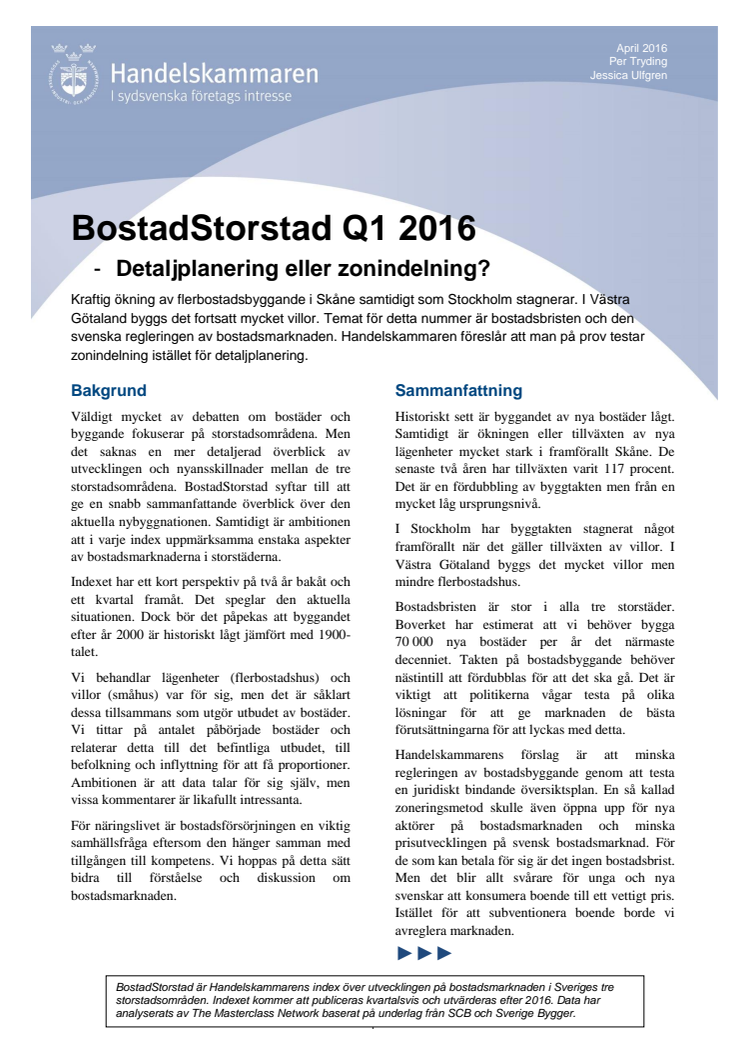 Bostad Storstad Q1 2016 - Detaljplanering eller zonindelning? 