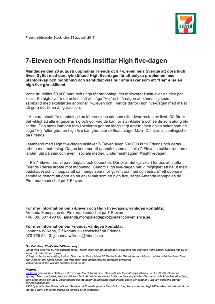 7-Eleven och Friends instiftar High five-dagen