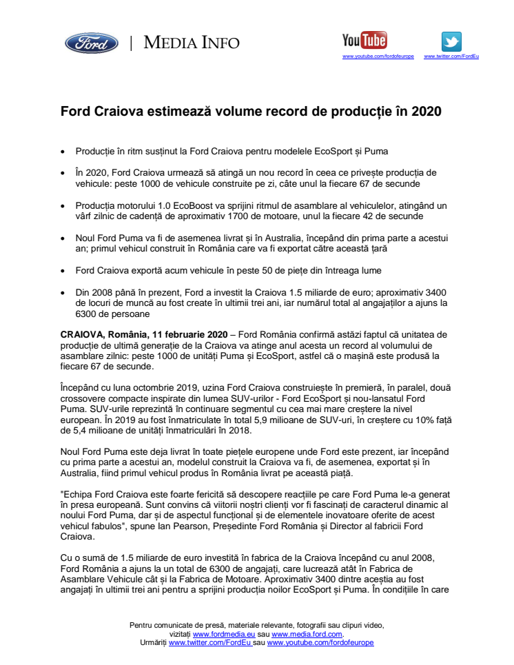 Ford Craiova estimează volume record de producție în 2020