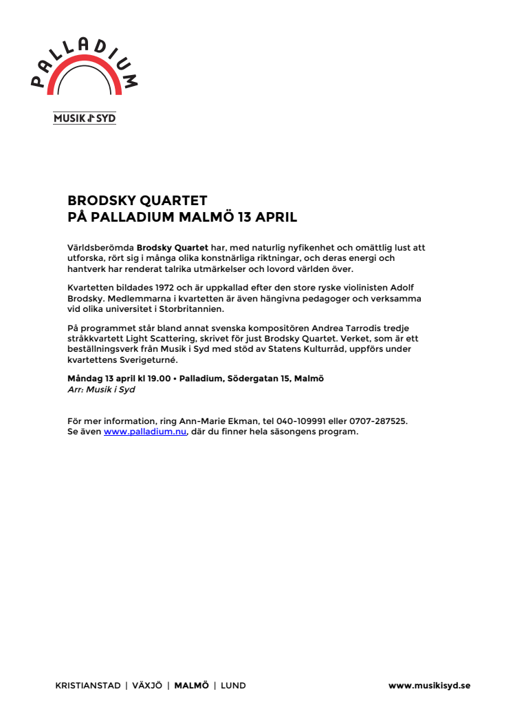 Brodsky Quartet på Palladium Malmö 13 april