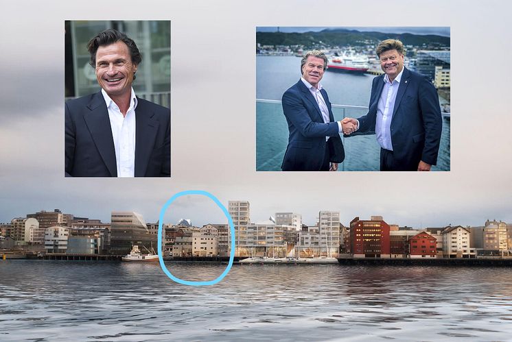 Bilde av Petter Stordalen, Eivind Tangvik og Morten Jakhelln. Under ser du hvor den nye bydelen Ramsalt skal ligge. 
