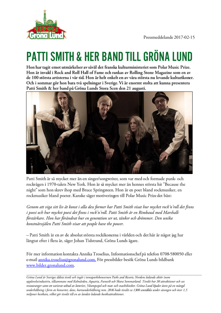 Patti Smith & her band till Gröna Lund