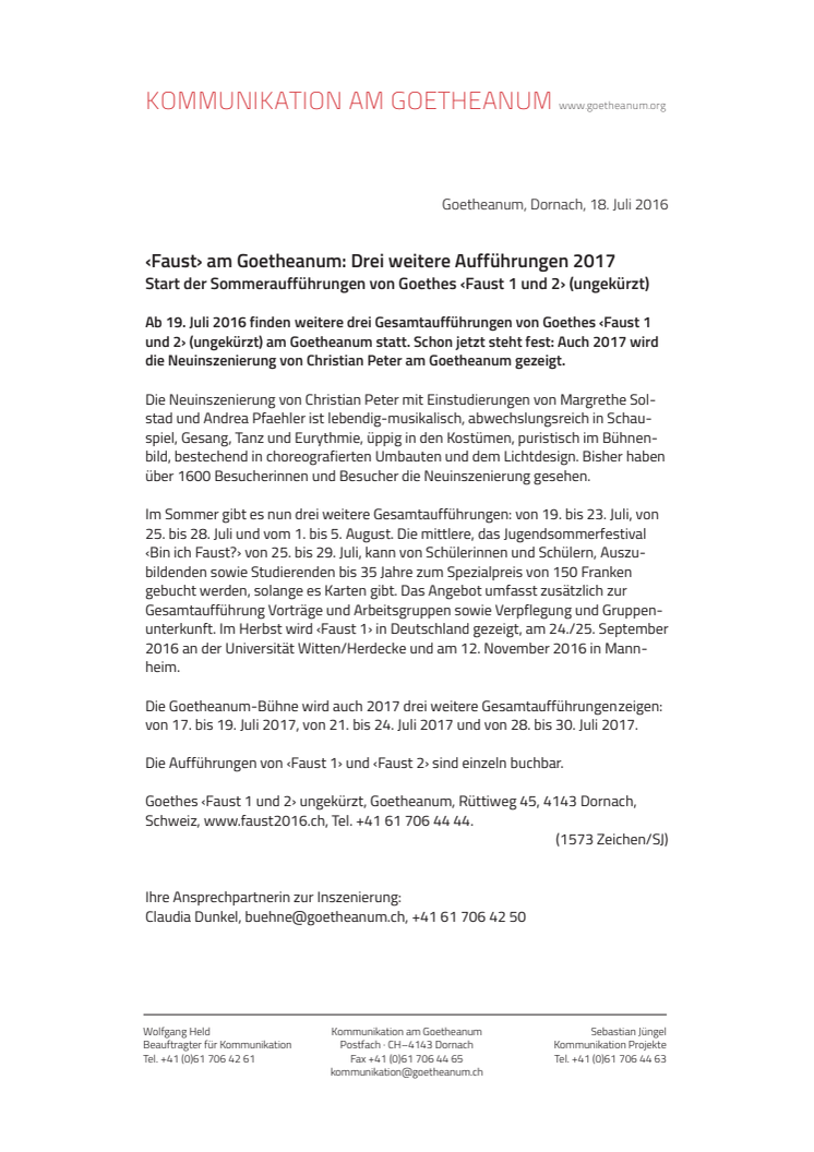 ‹Faust› am Goetheanum: Drei weitere Aufführungen 2017  – Start der Sommeraufführungen von Goethes ‹Faust 1 und 2› (ungekürzt)