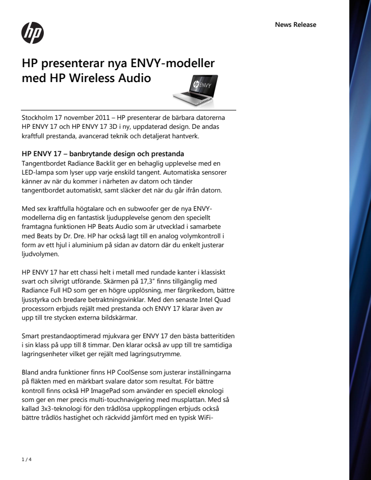 HP presenterar nya ENVY-modeller med HP Wireless Audio