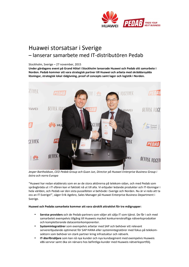 Huawei storsatsar i Sverige  – lanserar samarbete med IT-distributören Pedab