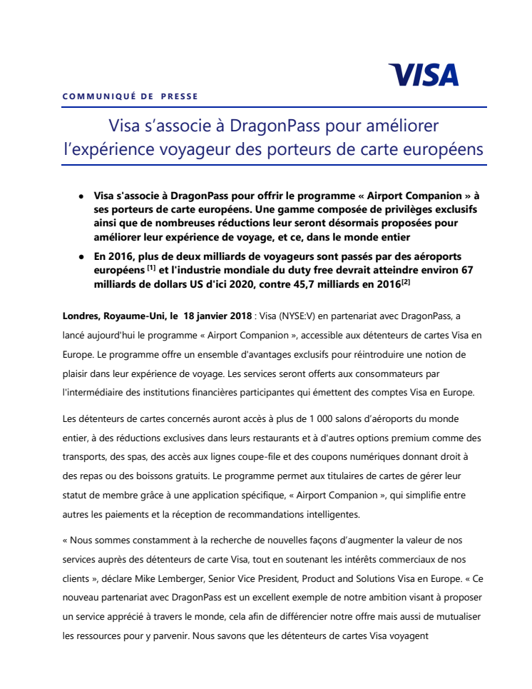 Visa s’associe à DragonPass pour améliorer l’expérience voyageur des porteurs de carte européens