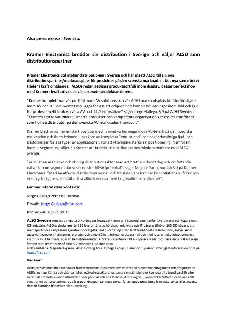 Kramer Electronics breddar sin distribution i Sverige och väljer ALSO som distributionspartner