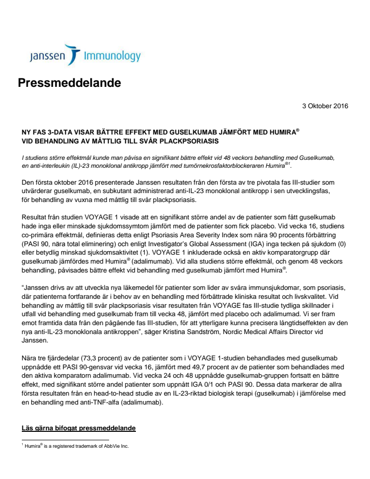 Ny fas 3-data visar bättre effekt med guselkumab jämfört med Humira vid behandling av måttlig till svår plackpsoriasis
