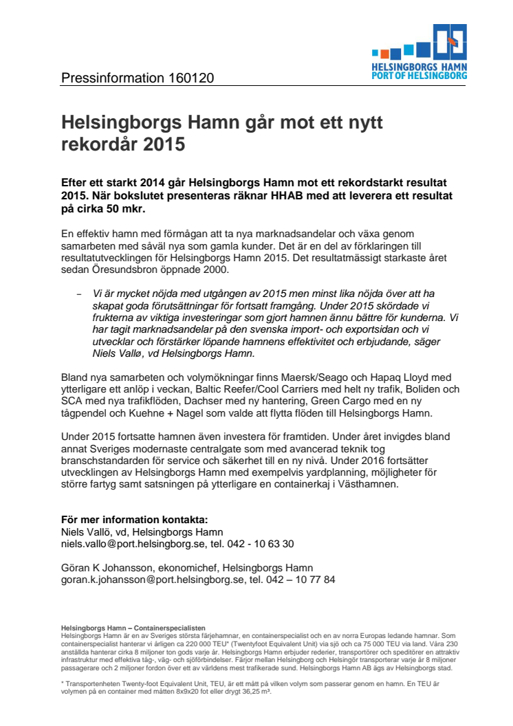 ​​Helsingborgs Hamn går mot ett nytt rekordår 2015
