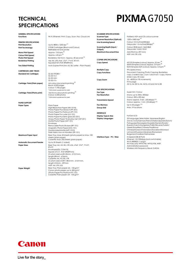 Specs PIXMA G7050