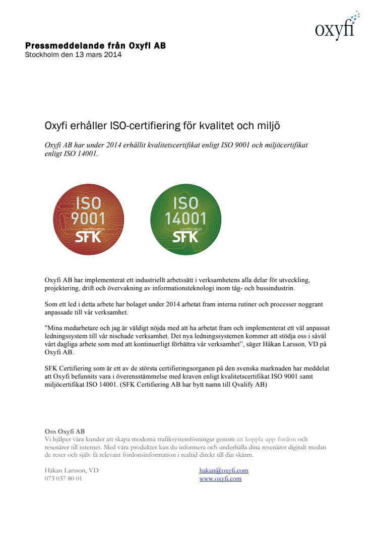 Oxyfi erhåller ISO-certifiering för kvalitet och miljö