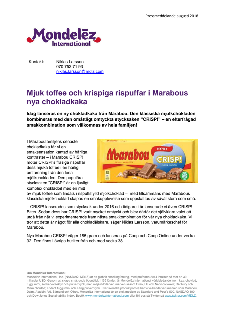 Mjuk toffee och krispiga rispuffar i Marabous nya chokladkaka