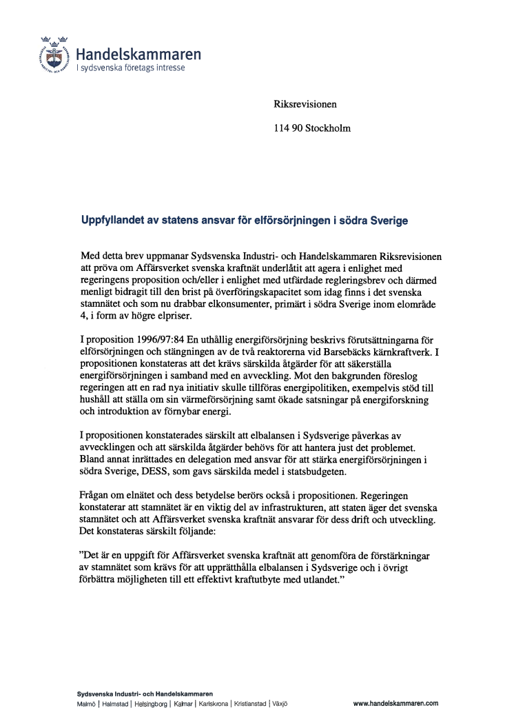 Uppfyllandet av statens ansvar för elförsörjningen i södra Sverige 