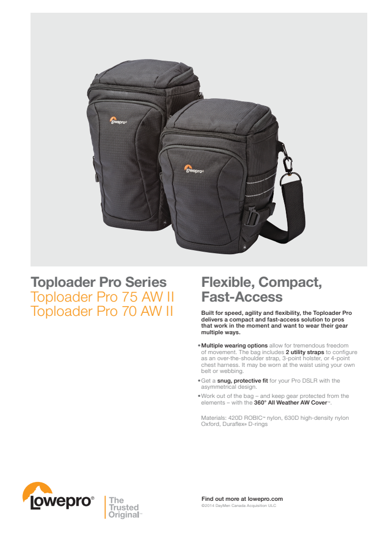 Lowepro Toploader Pro II, datablad