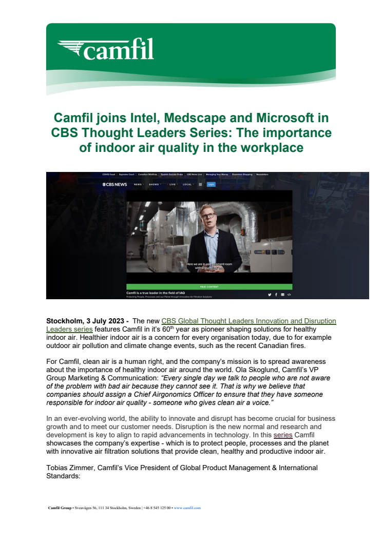 Camfil press release_2023_ Camfil joins Intel, Medscape and Microsoft for CBS Innovation  Disruption Leaders Series_ July 2023.pdf