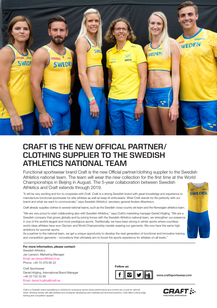 Craft is the new Offical partner/clothing supplier to the Swedish Athletics national team