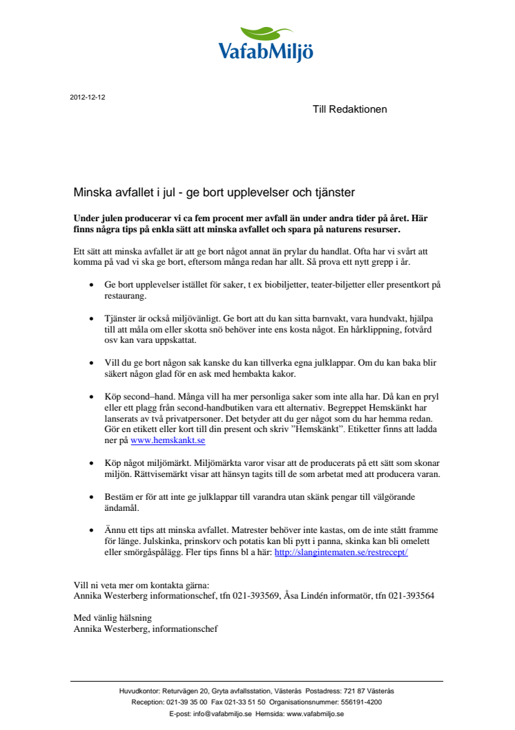 Minska avfallet i jul - ge bort upplevelser och tjänster