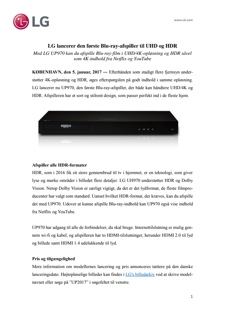 LG lancerer den første Blu-ray-afspiller til UHD og HDR 