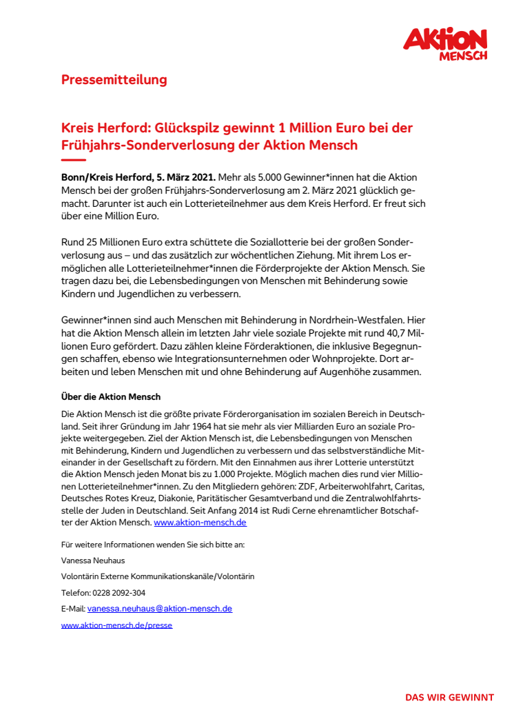 Kreis Herford: Glückspilz gewinnt 1 Million Euro bei der Frühjahrs-Sonderverlosung der Aktion Mensch