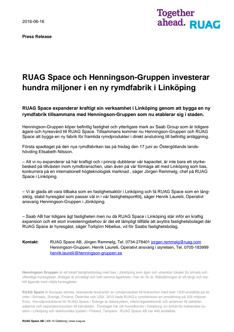 RUAG Space och Henningson-Gruppen investerar hundra miljoner i en ny rymdfabrik i Linköping