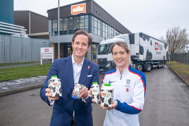 Müller Milk & Ingredients CEO Patrick Müller and Scottish 400 metres hurdles record holder and multiple medallist, Eilidh Doyle at Bellshill Dairy 