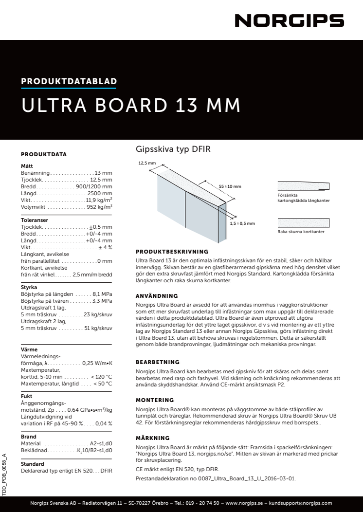 Produktdatablad Norgips Ultra Board® 13