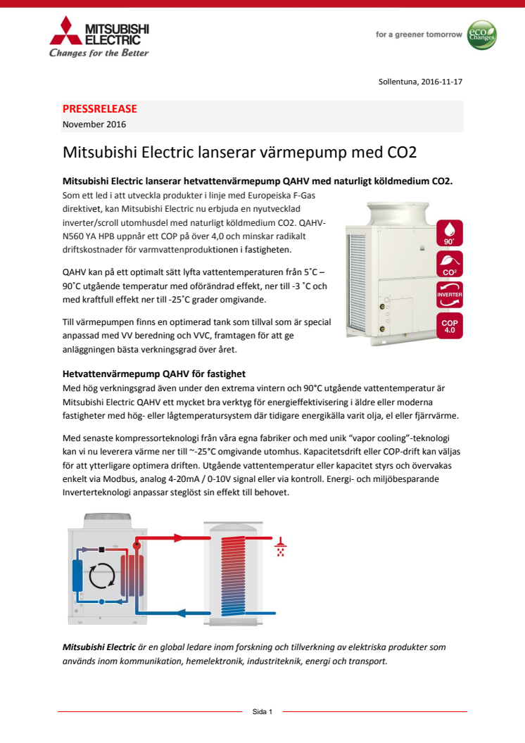 Mitsubishi Electric lanserar värmepump med CO2