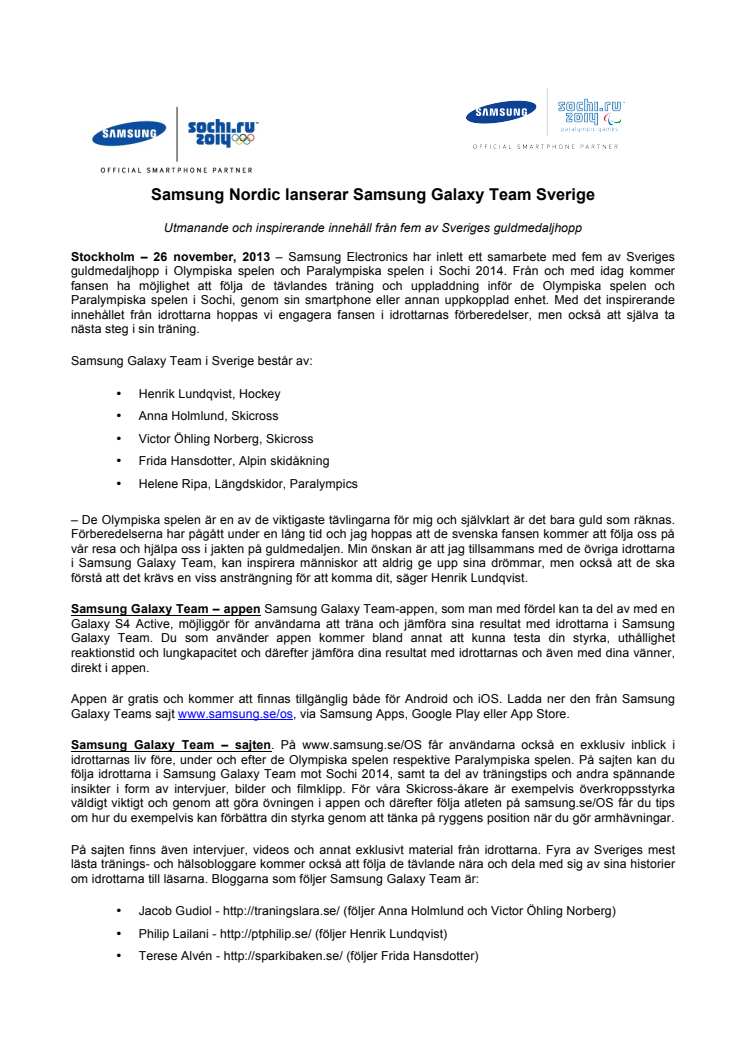 Samsung Nordic lanserar Samsung Galaxy Team Sverige