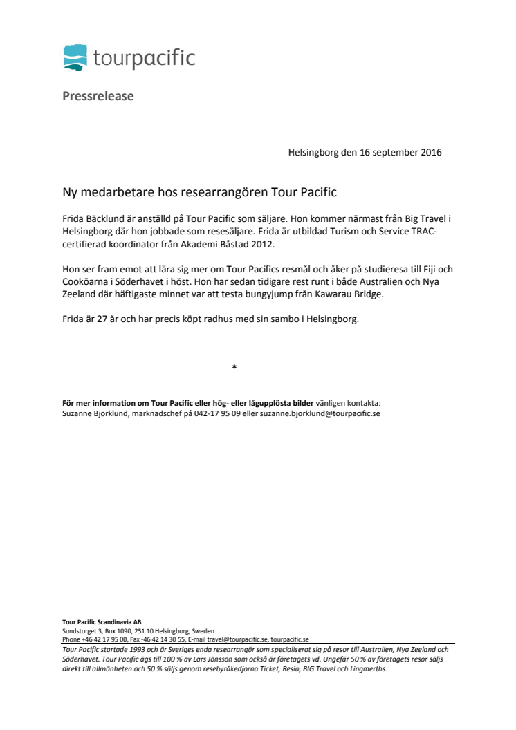 Ny medarbetare hos researrangören Tour Pacific