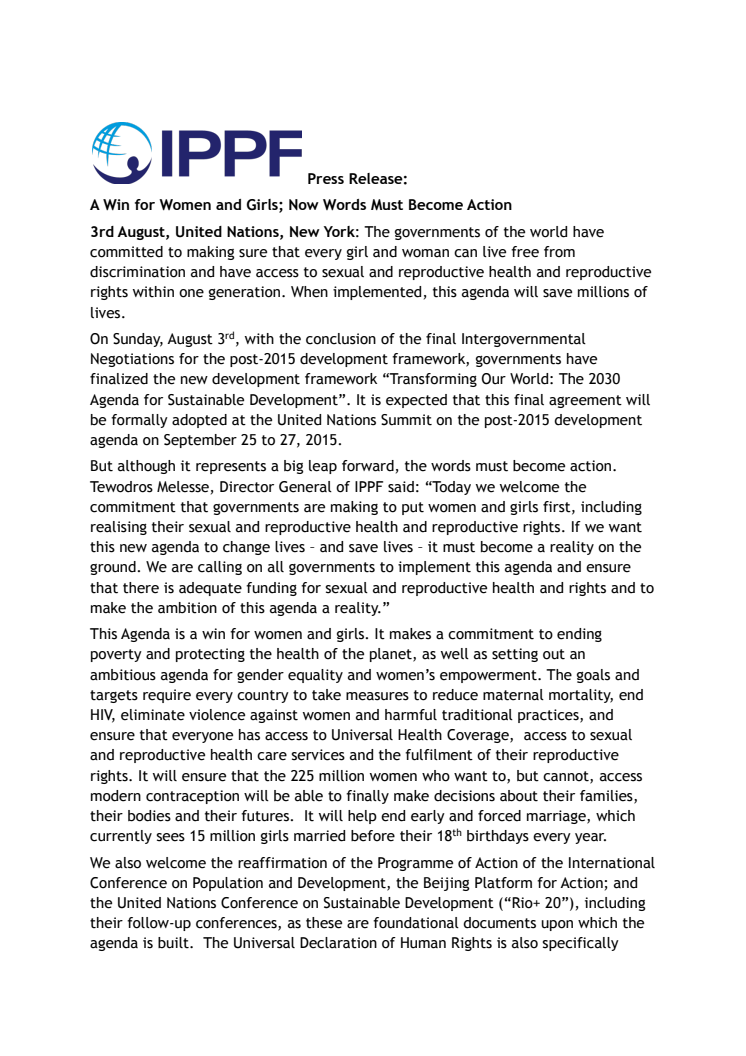 IPPF:s pressmeddelande och summering: Press Release: A Win for Women and Girls; Now Words Must Become Action