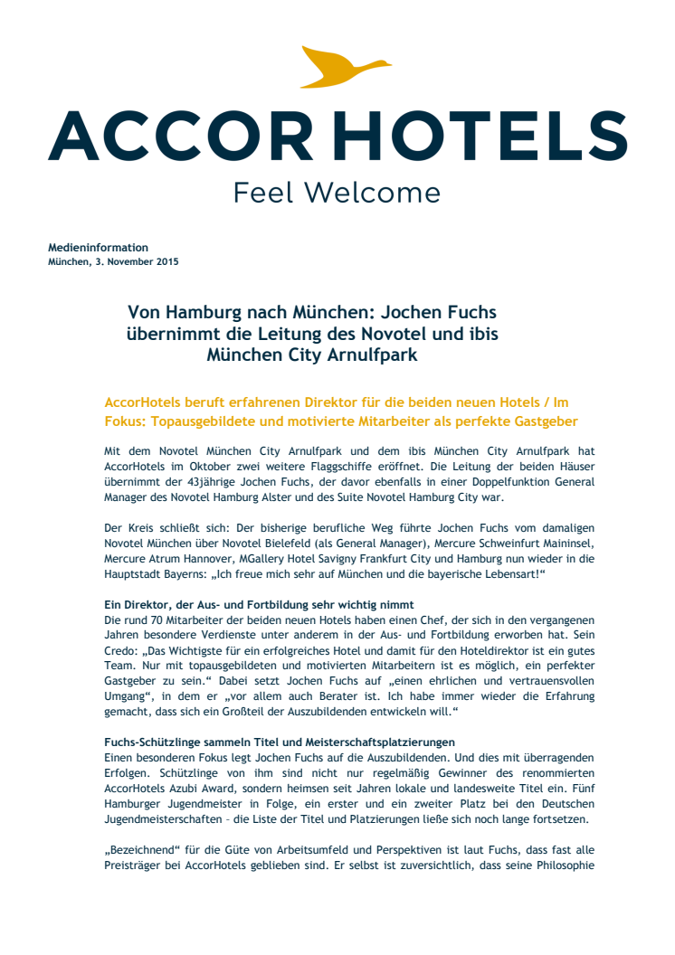 Von Hamburg nach München: Jochen Fuchs übernimmt die Leitung des Novotel und ibis München City Arnulfpark