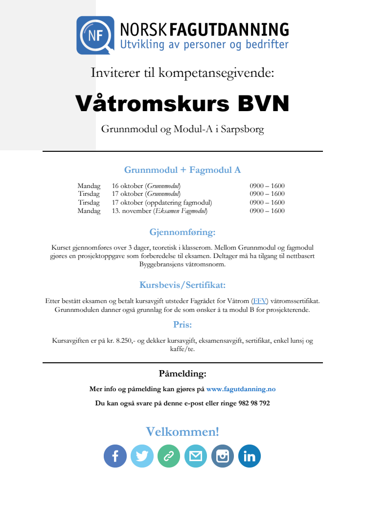 Invitasjon til våtromskurs - Grunnmodul og A-Modul i Sarpsborg - oppstart 16 oktober 2017