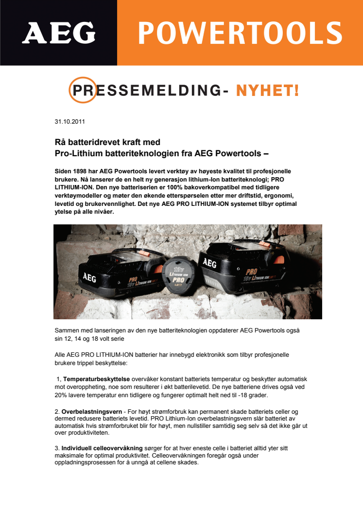 Rå batteridrevet kraft med Pro-Lithium batteriteknologien fra AEG Powertools 