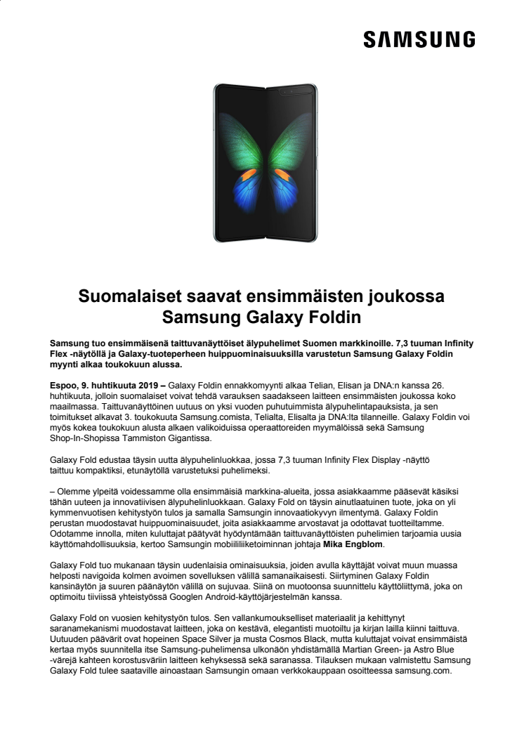 Suomalaiset saavat ensimmäisten joukossa Samsung Galaxy Foldin