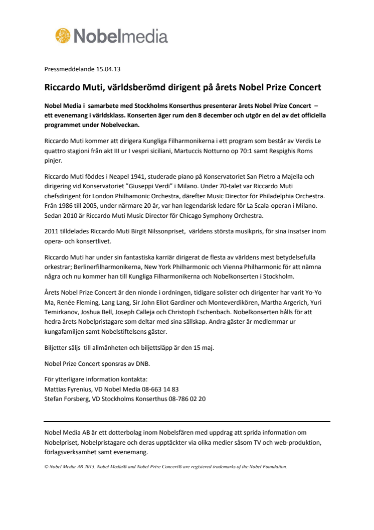 Legendary maestro Riccardo Muti to conduct the 2013 Nobel Prize Concert