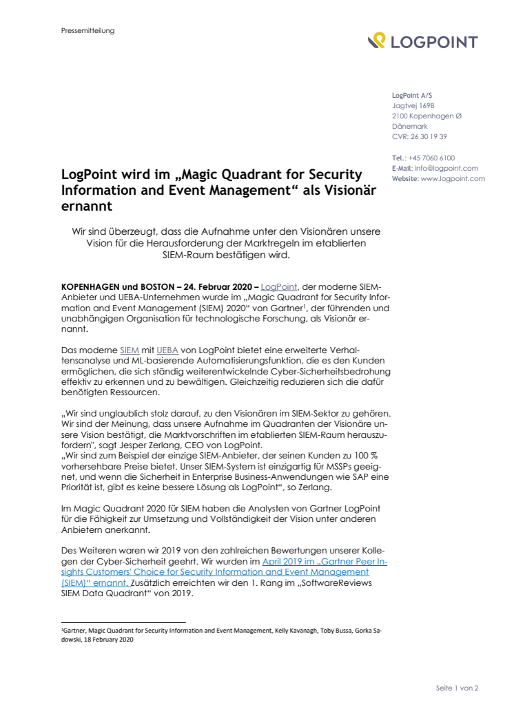 LogPoint wird im „Magic Quadrant for Security Information and Event Management“ als Visionär ernannt